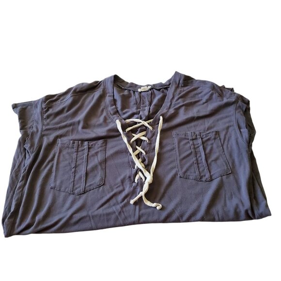 POL Long Tunic V- Neck Charcoal Gray Rayon Spandex Blend Short Sleeve Medium - Picture 7 of 13